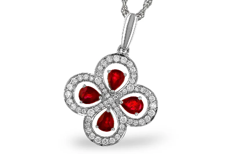 Stylish gold necklace for women-14K White Gold 0.96ctw Ruby & Diamond Clover Necklace by Allison Kaufman