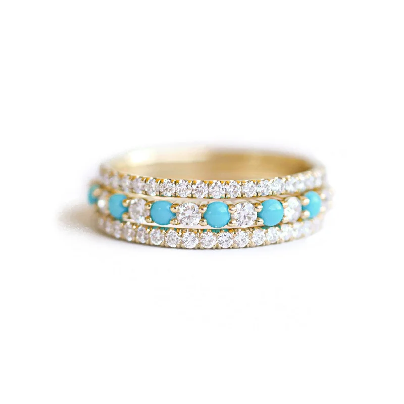 Simple gold engagement rings for women-2mm Turquoise & Diamond Shared Prong Stacking Ring Set