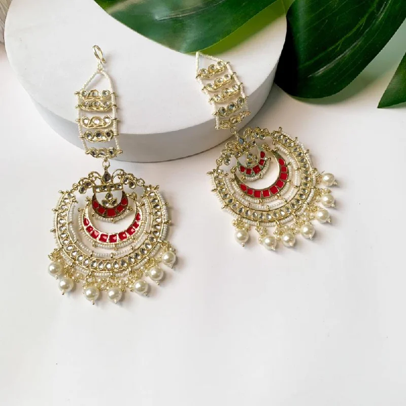 Simple earrings for women-Etnico Gold Plated Traditional Kundan Hanging Pearl Earrings Attachable Ear Chain For Women/Girls (Rani)