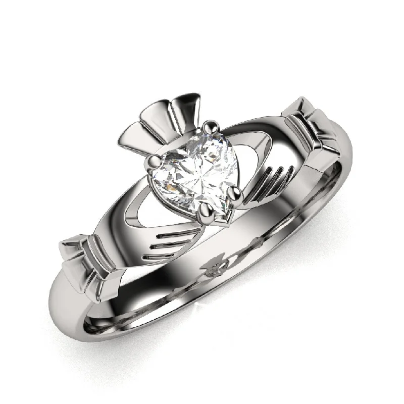 Cushion diamond engagement rings for women-Half Carat Lab-Created Diamond - 14K WHITE Gold Claddagh Ring