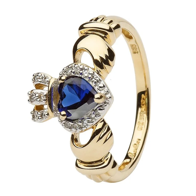 Engagement rings for small hands for women-Ladies 14K Yellow Gold Claddagh Ring with Sapphire and Diamonds - SL-14L82S