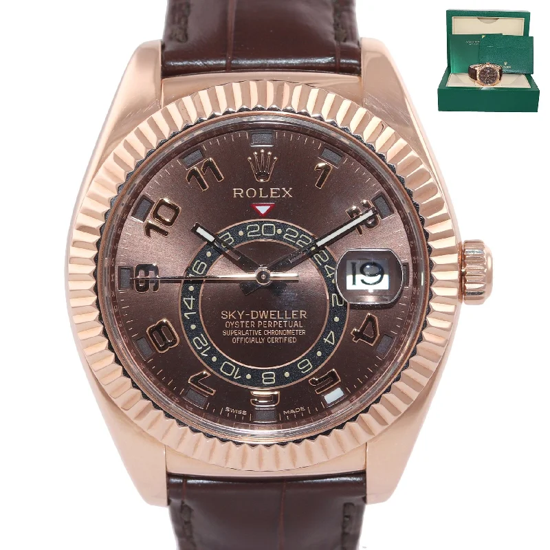 Oversized wristwatches-Mint 2017 Rolex Sky-Dweller Rose Gold 326135 42mm Chocolate Leather Watch Box