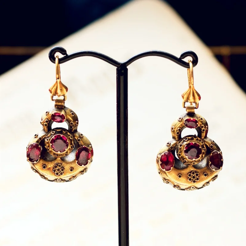 Floral earrings for women-Historic Inspiration Etruscan Revival Garnet Earrings