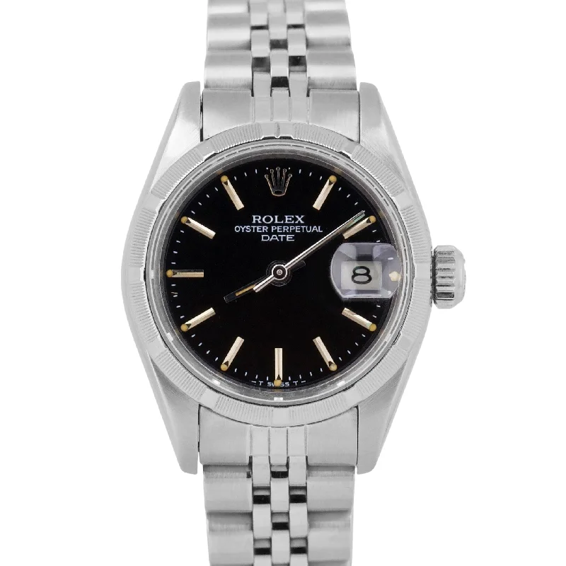 Stainless steel metal band wristwatches-Ladies Rolex Oyster Perpetual Date BLACK 26mm Engine-Turned Steel Watch 69190