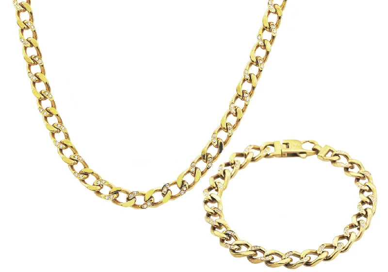 Stylish necklace for women-Mens Gold Stainless Steel Curb Link Chain Set With Cubic Zirconia