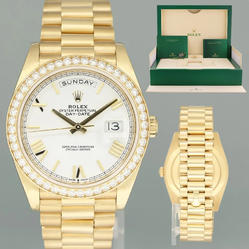 Luxury wristwatches-2022 Rolex Day Date 40 Yellow Gold President White Roman Diamond Bezel 228348 Watch