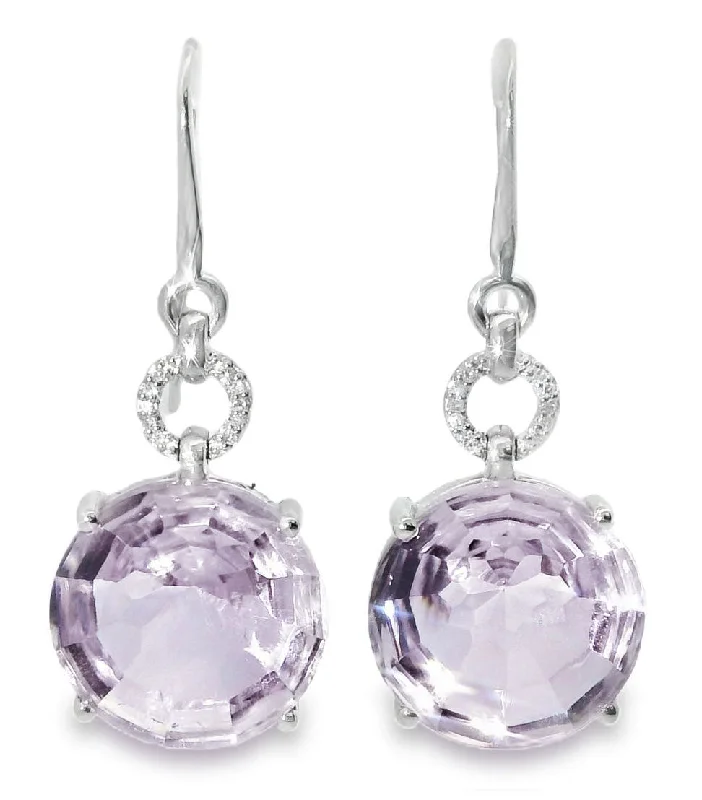 Silver drop earrings for women-Unique 18K White Gold Diamond Cabochon Amethyst Hanging Earrings