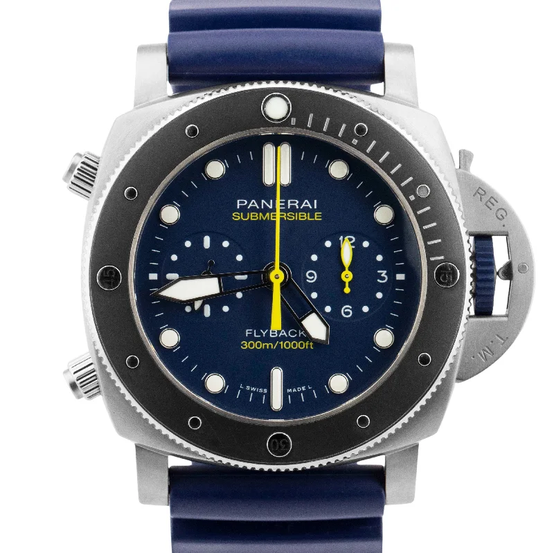 Watches with interchangeable bands-PAPERS Panerai Submersible PAM 1291 MIKE HORN Flyback Titanium Blue PAM01291 BOX