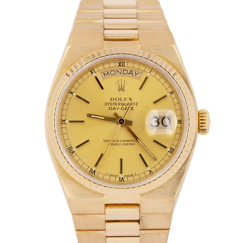 Round dial wristwatches-Rolex OysterQuartz Day-Date President Champagne 18K Yellow Gold Watch 19018