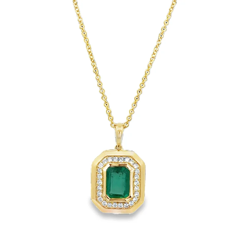 Necklace with initials for women-Emerald and Diamond Pendant in Yellow Gold