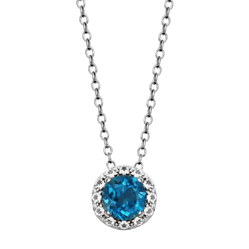 Gold bar necklace for women-Sterling Silver London Blue Topaz & White Topaz Halo Necklace by Samuel B.