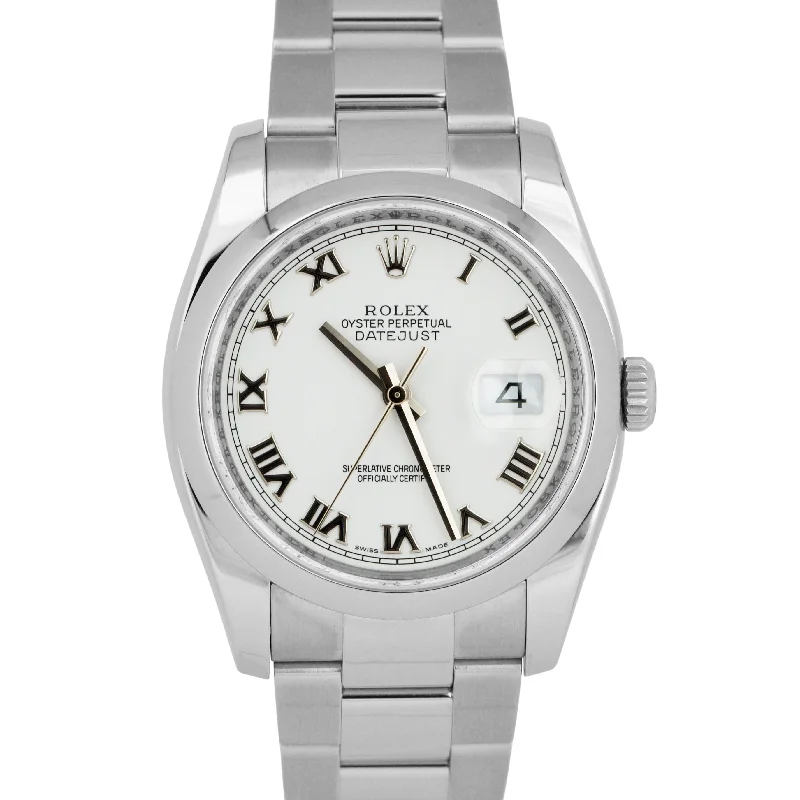 Silver wristwatches-MINT Rolex DateJust 36mm WHITE ROMAN Stainless Steel Smooth Oyster Watch 116200