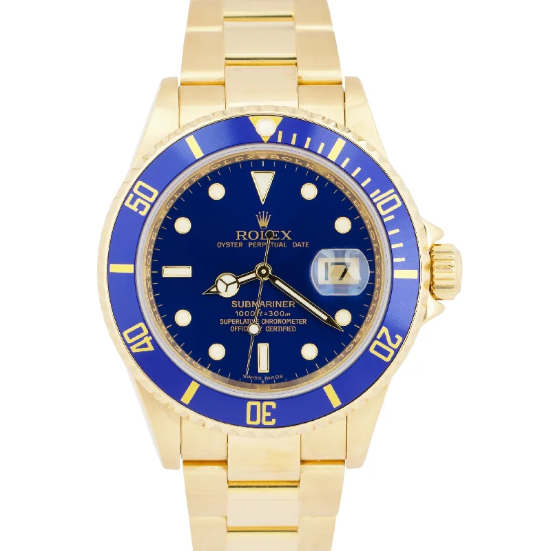 Large dial wristwatches-Rolex Submariner Date BLUE 18K Yellow Gold REHAUT 40mm Watch 16618 Watch BOX