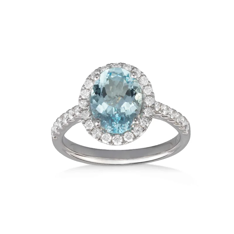 Elegant gold engagement rings for women-Oval Aquamarine and Diamond Halo Ring, 18K White Gold