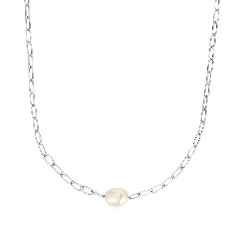 Heart-shaped necklace for women-Sterling Silver Freshwater Pearl Solitaire Sparkle Necklace