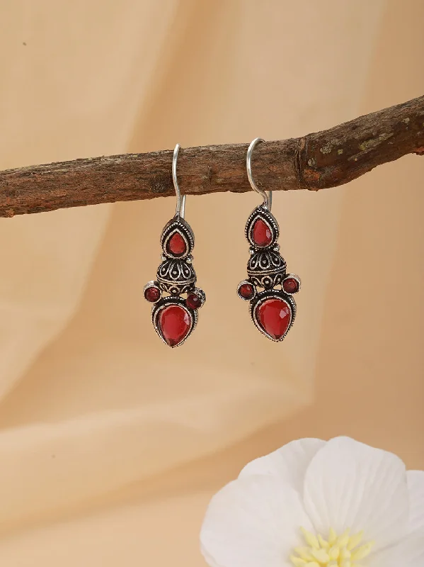 Round hoop earrings for women-Silver Plated & Red Stone Studded Dome Shaped Drop Earrings