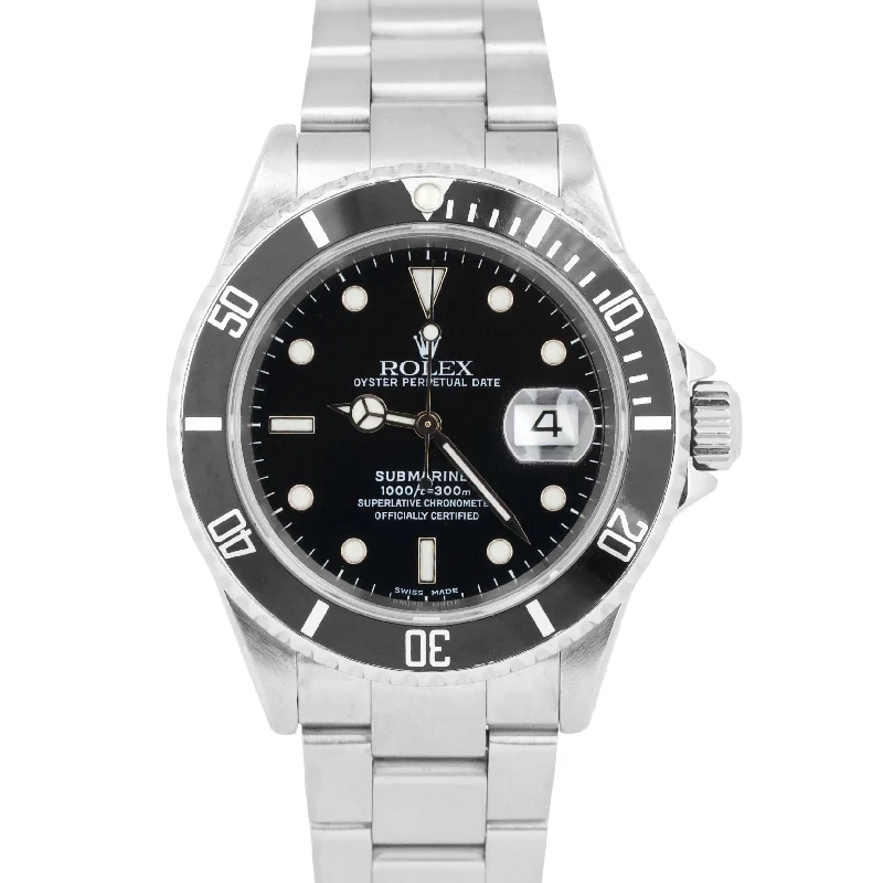 Watches with interchangeable bands-Rolex Submariner Date Black Stainless Steel Automatic Oyster 40mm 16610 Watch