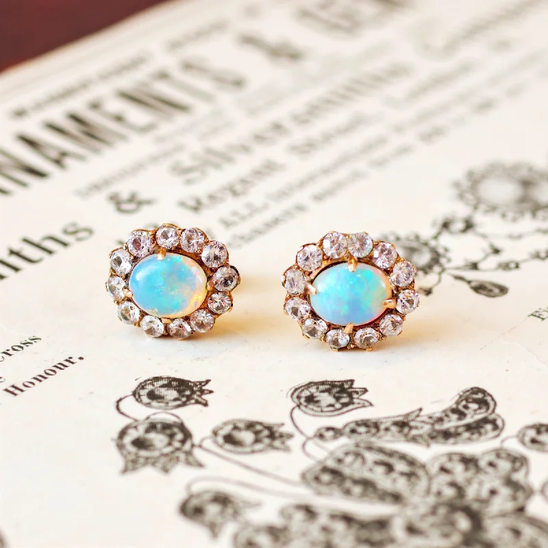 Rose gold earrings for women-Vintage Opal & White Zircon Stud Earrings