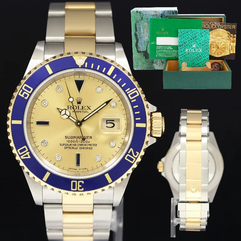 Lightweight sport wristwatches-2004 MINT GOLD BUCKLE Rolex Submariner 16613 Two Tone Gold Serti Diamond Watch