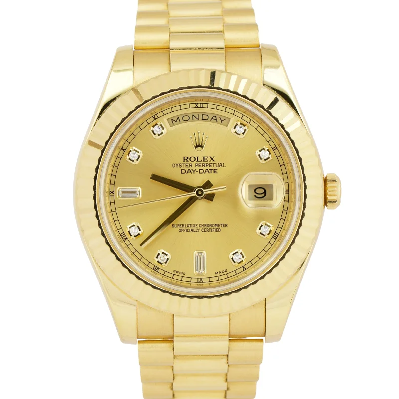 Fitness tracking wristwatches-PAPERS Rolex Day-Date II 41mm CHAMPAGNE DIAMOND 18K Gold Fluted 218238 BOX