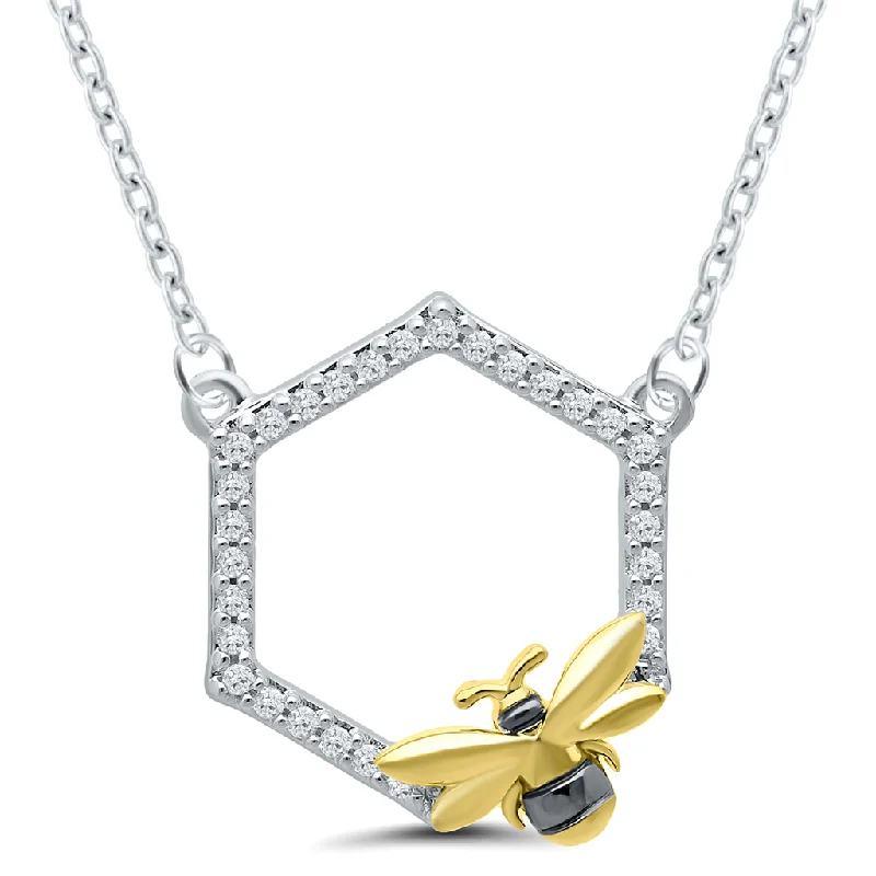 Gemstone choker necklace for women-Sterling Silver & Gold Plated 0.10ctw Diamond Hexagon Bee Necklace