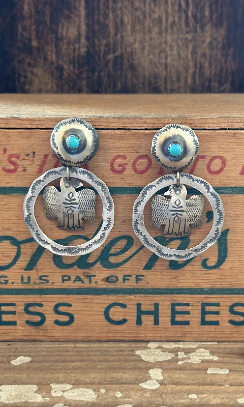 Elegant drop earrings for women-YAZZIE THUNDERBIRD Sterling Silver and Turquoise Statement Earrings