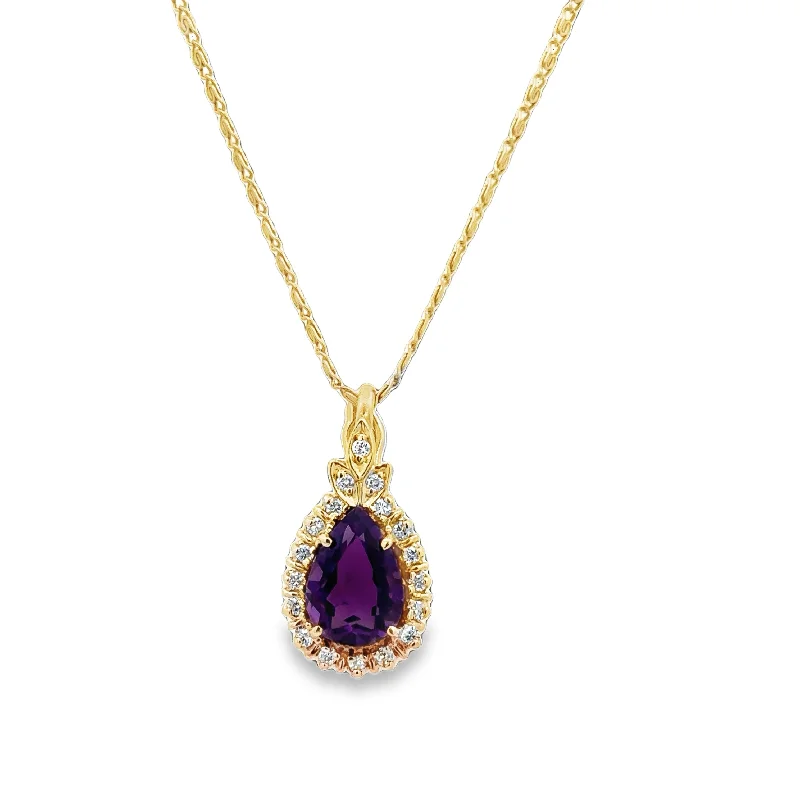 Personalized pendant necklace for women-Amethyst and Diamond Pendant in Yellow Gold