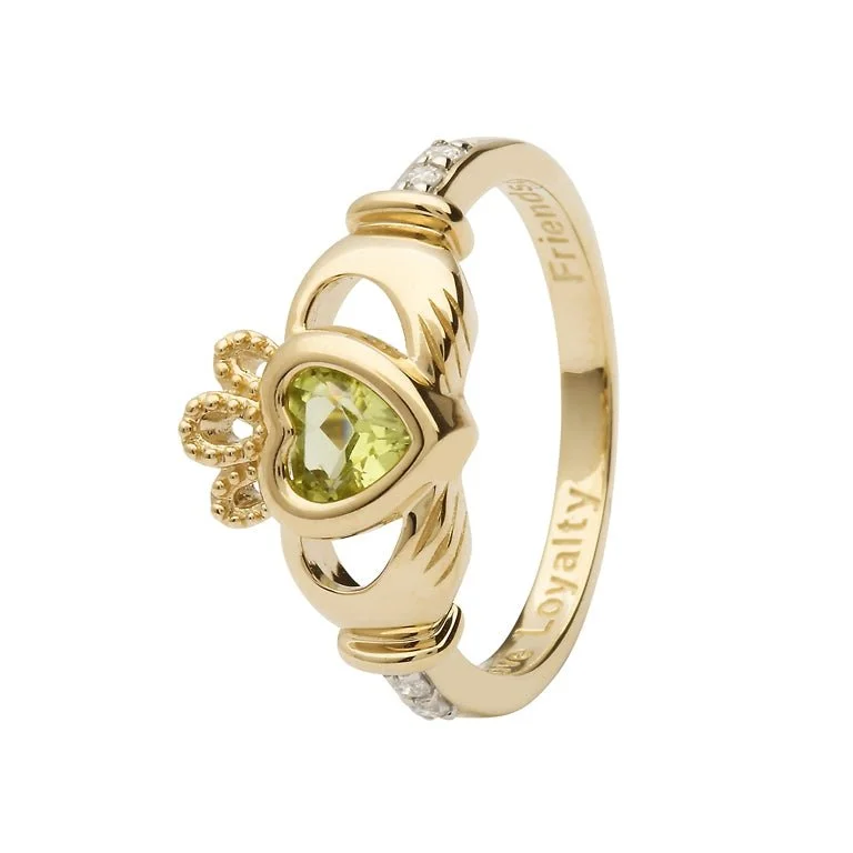 Affordable diamond engagement rings for women-14K Gold Claddagh August Birthstone Ring Genuine Peridot and Diamonds - 14L90P