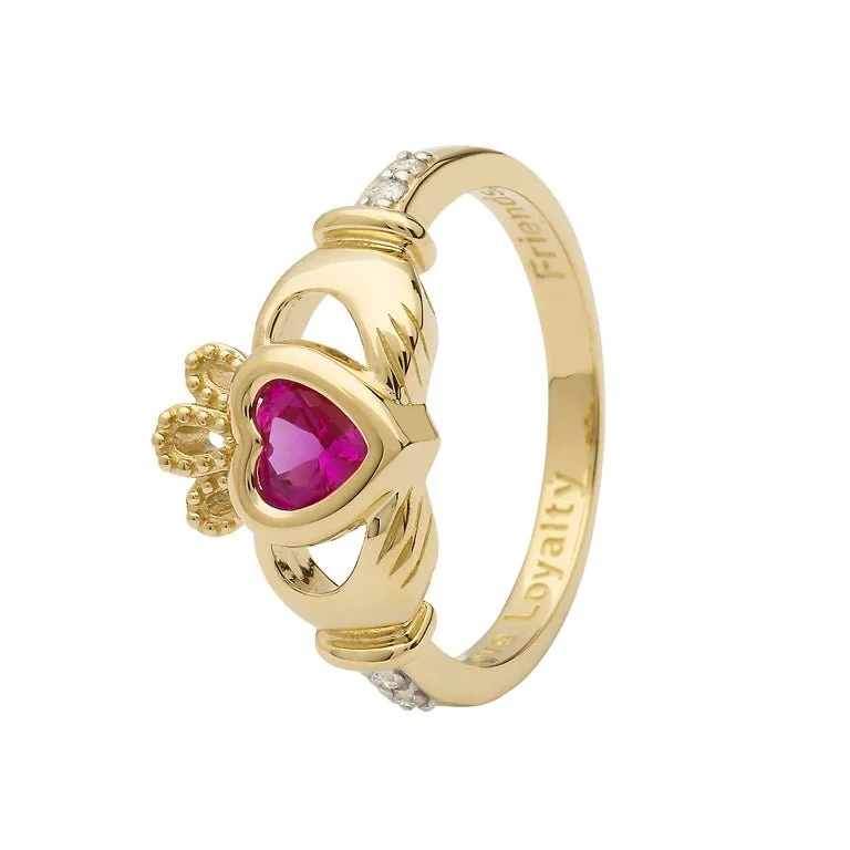 Wedding and engagement rings for women-14K Gold Claddagh October Birthstone Ring Pink Sapphire and Diamonds - 14L90PS