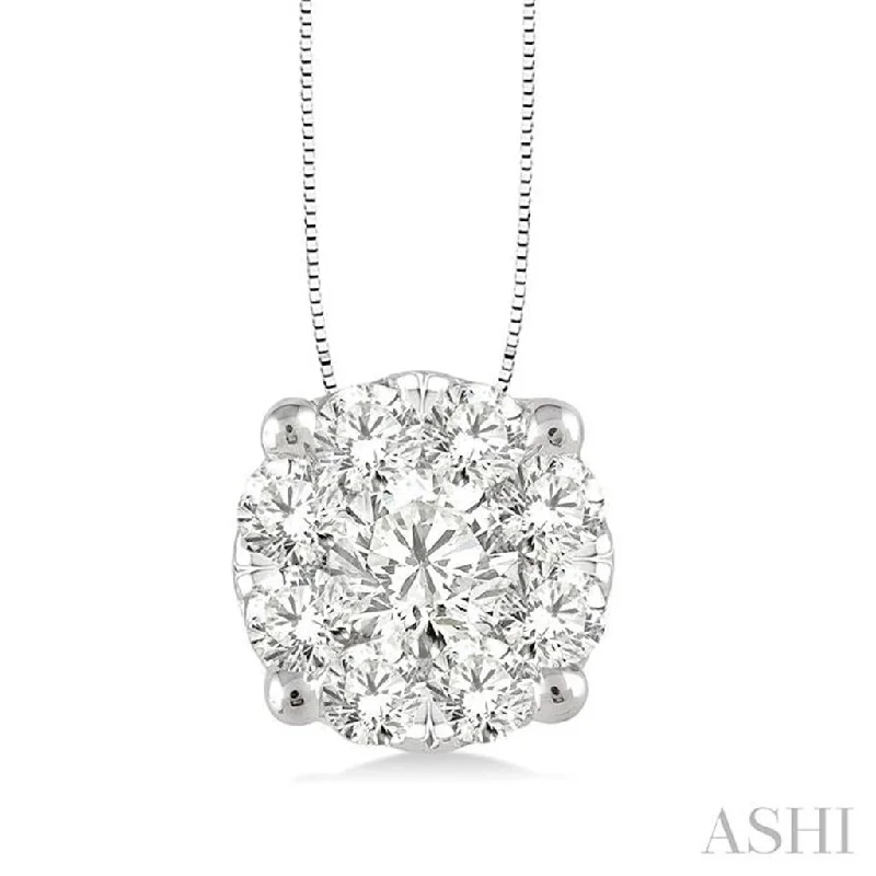 Necklace with initials for women-14K White Gold 1.00ctw Round Diamond Cluster Necklace