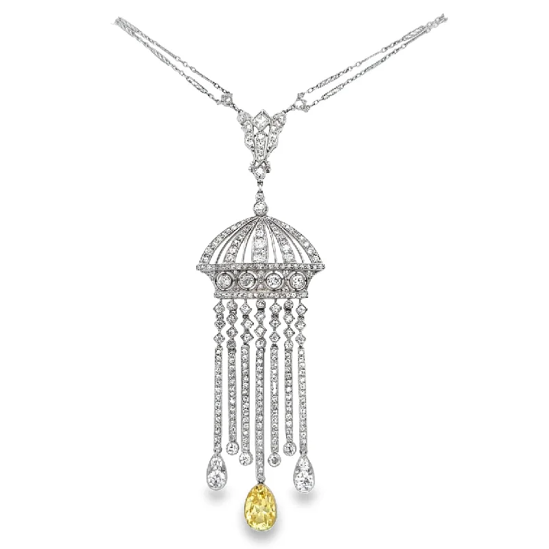 Long pendant necklace for women-Stunning Edwardian White and Yellow Diamond Necklace in Platinum