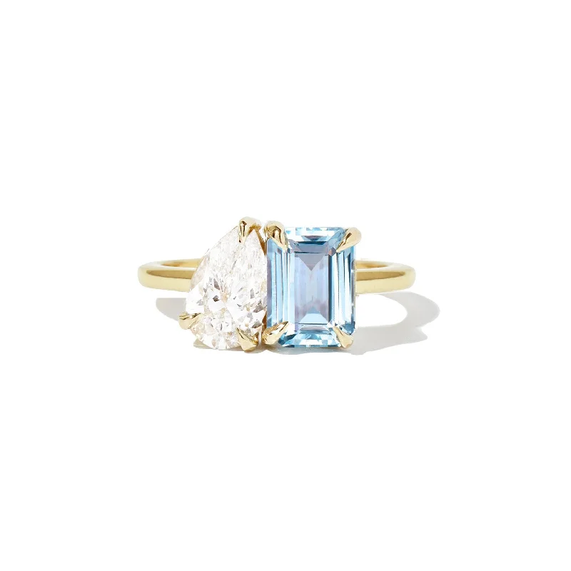 Antique engagement rings for women-Aquamarine & Pear Diamond Toi et Moi Ring