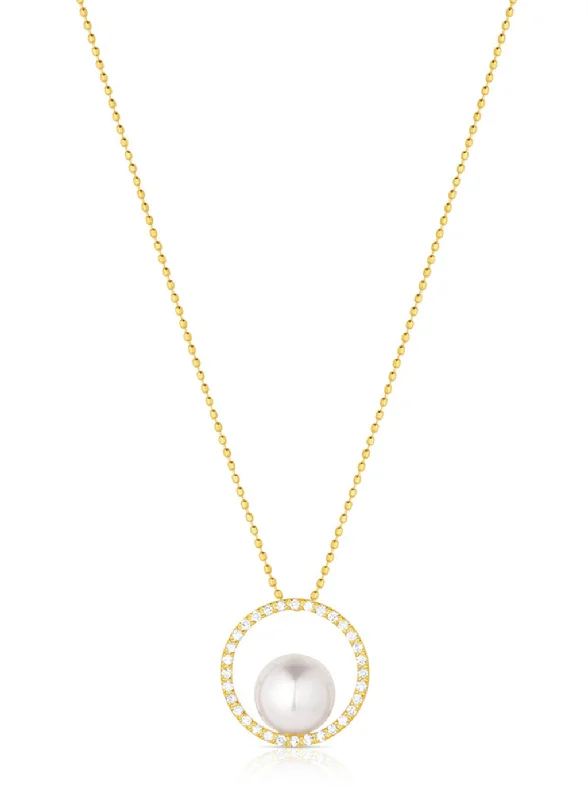 Designer necklace for women-18K Yellow Gold 7.5-8mm Cultured Akoya Pearl & Diamond Open Circle Necklace