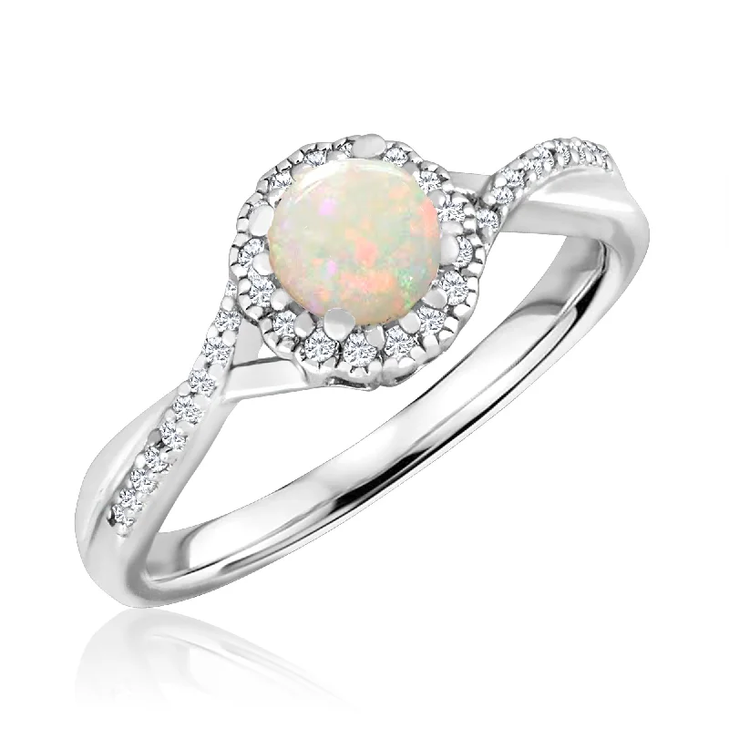 Emerald cut engagement rings for women-Opal and Diamond Halo October Birthstone Ring in Sterling Silver