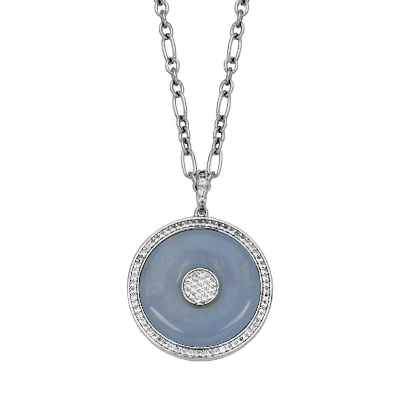 Custom name necklace for women-Sterling Silver Blue Lace Agate and White Topaz Medallion Drop Necklace by Samuel B.