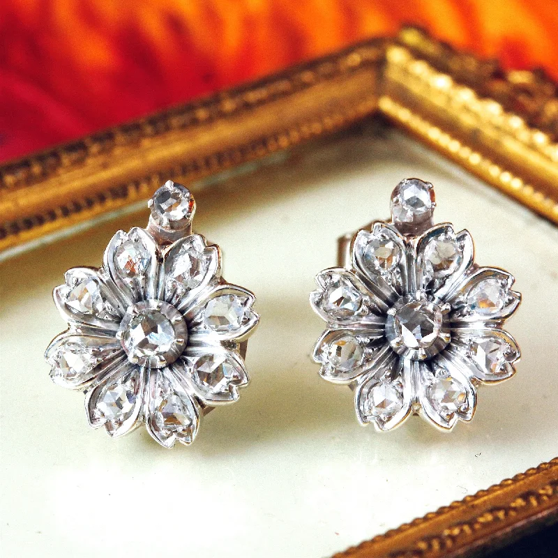 Gold-plated earrings for women-Breathtaking! Antique Floralette Diamond Stud Earrings