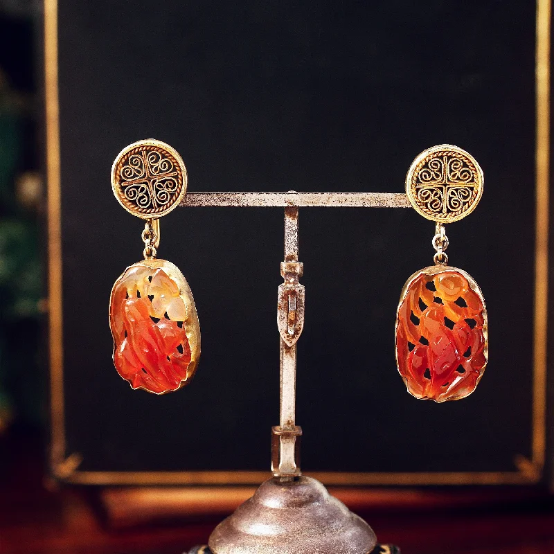 Silver-plated earrings for women-Chinese Export Carved Carnelian Filigree Earrings