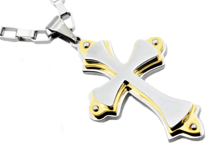 Custom gold pendant necklace for women-Mens Stainless Steel Large Cross Pendant Necklace With Gold Edges