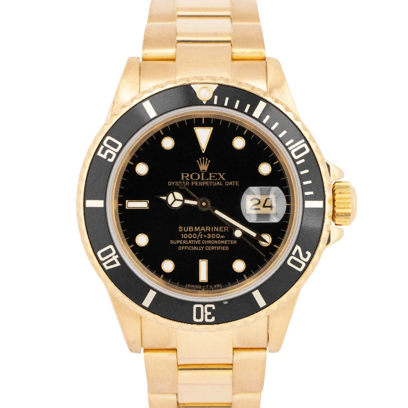 Leather strap wristwatches-PAPERS 1987 Rolex Submariner Date Black 18K Yellow Gold 40mm 16808 Watch BOX