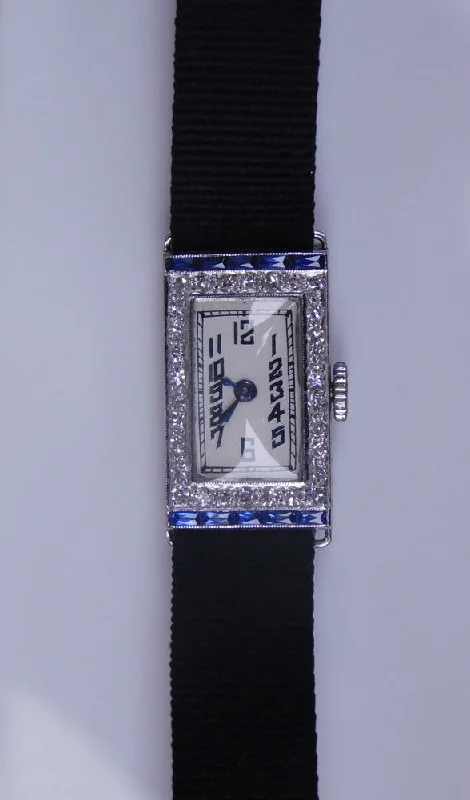 Stainless steel sports wristwatches-PLATINUM ART DECO DIAMOND AND BLUE STONE WATCH