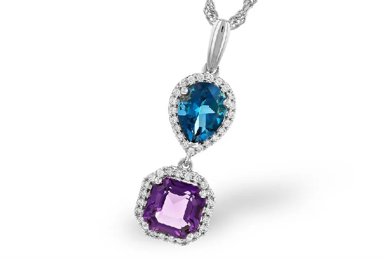 Ruby necklace for women-14K White Gold 2.66ctw Blue Topaz & Amethyst Diamond Halo Drop Necklace by Allison Kaufman