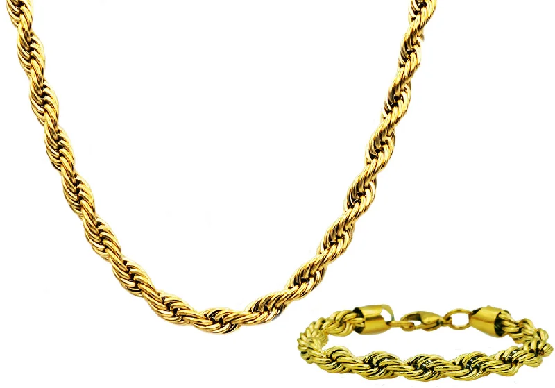 Designer necklace for women-Mens Gold Stainless Steel Rope Link Chain Set