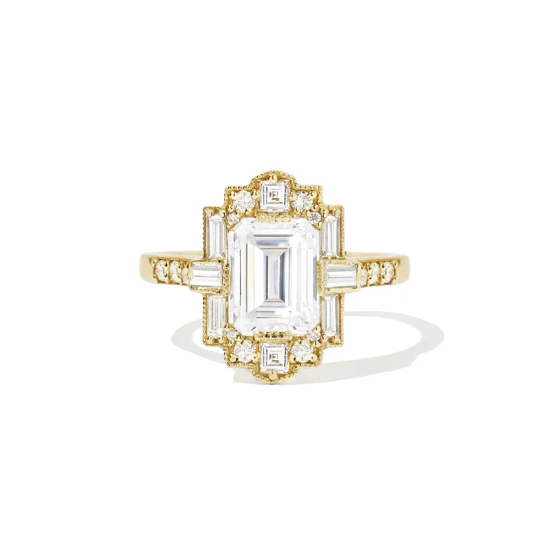 Round diamond engagement rings for women-Deco Emerald Cut Moissanite Diamond Mosaic Ring