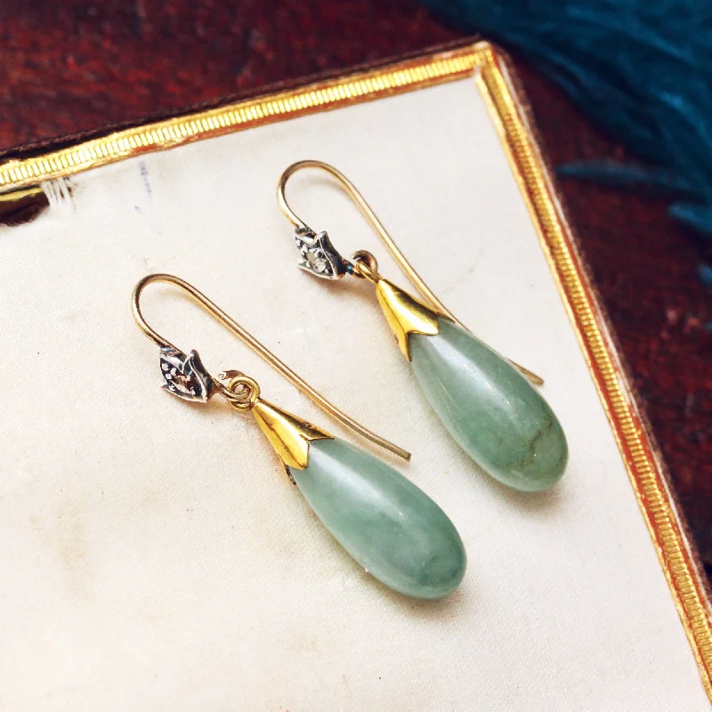 Chic earrings for women-Precious Vintage Jade & Diamond Drop Earrings