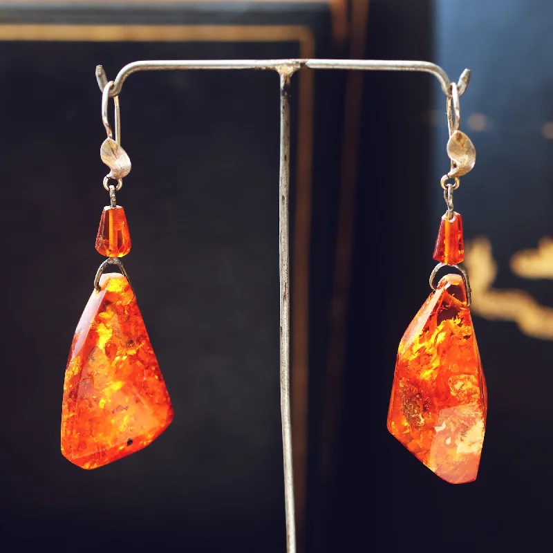 Silver drop earrings for women-Quintessential 1960's Baltic Amber Drop Earrings