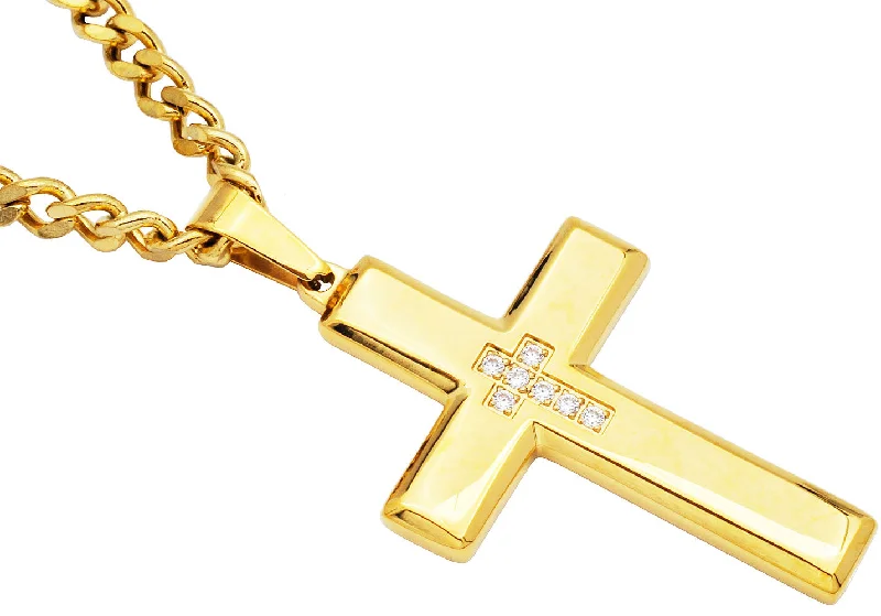 Gold diamond necklace for women-Mens Gold Stainless Steel Cross Pendant Necklace With Cubic Zirconia