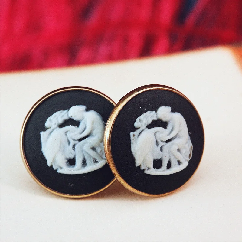 Gemstone earrings for women-Vintage Neoclassical Vibe 9ct Gold Wedgewood Stud Earrings