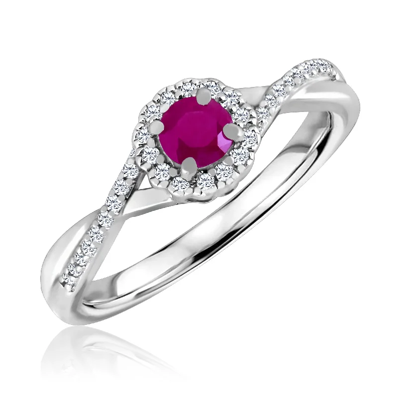 Engagement rings with emeralds for women-Ruby and Diamond Halo July Birthstone Ring in Sterling Silver