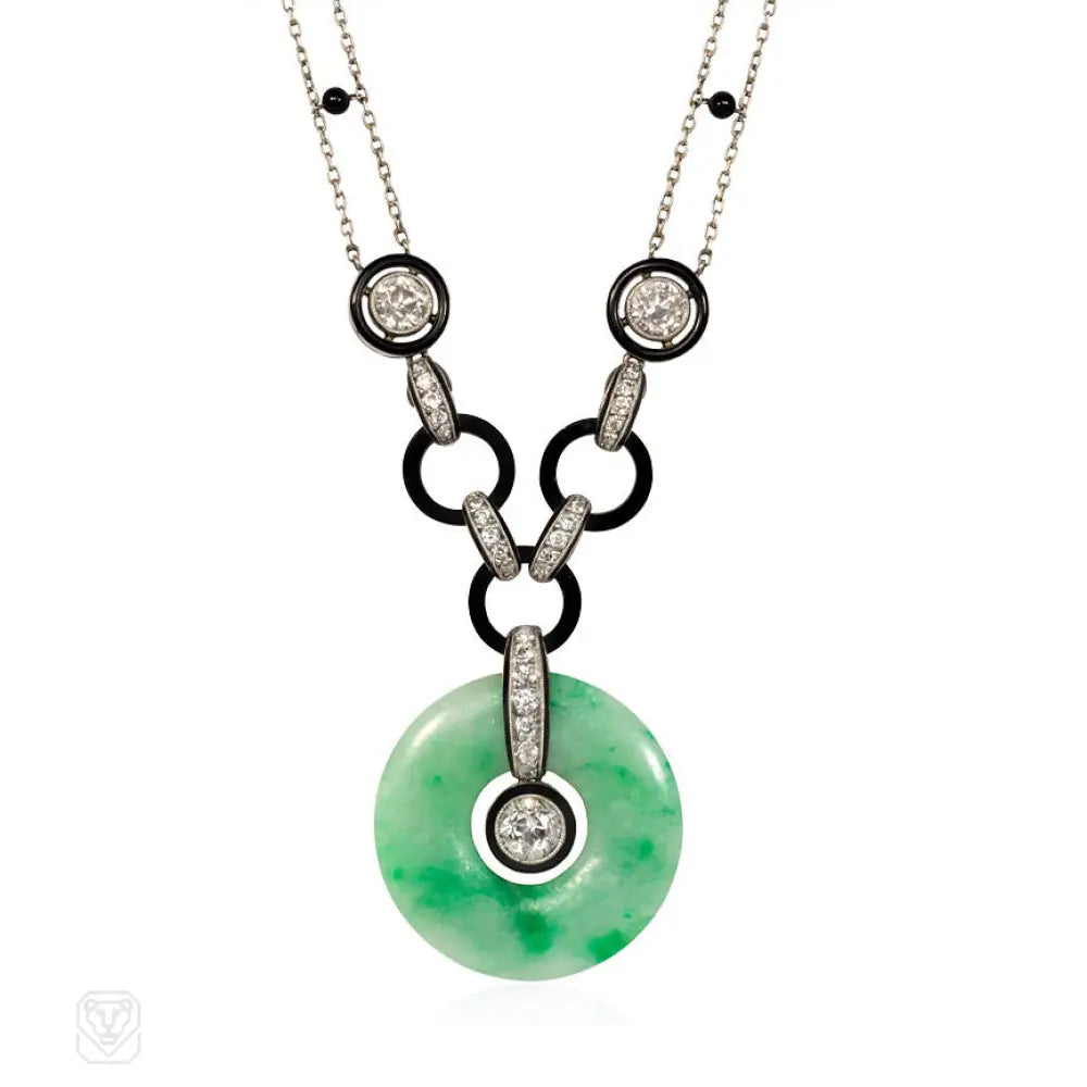 Infinity necklace for women-Art Deco jade, diamond, and onyx necklace