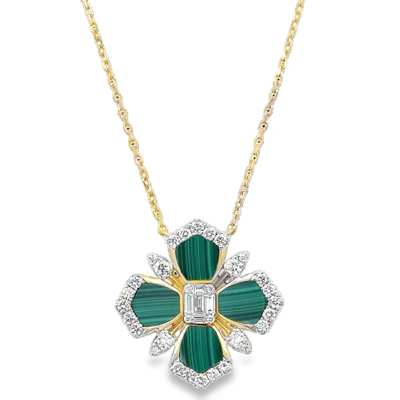 Simple necklace for women-Malachite and Diamond Pendant in Yellow Gold